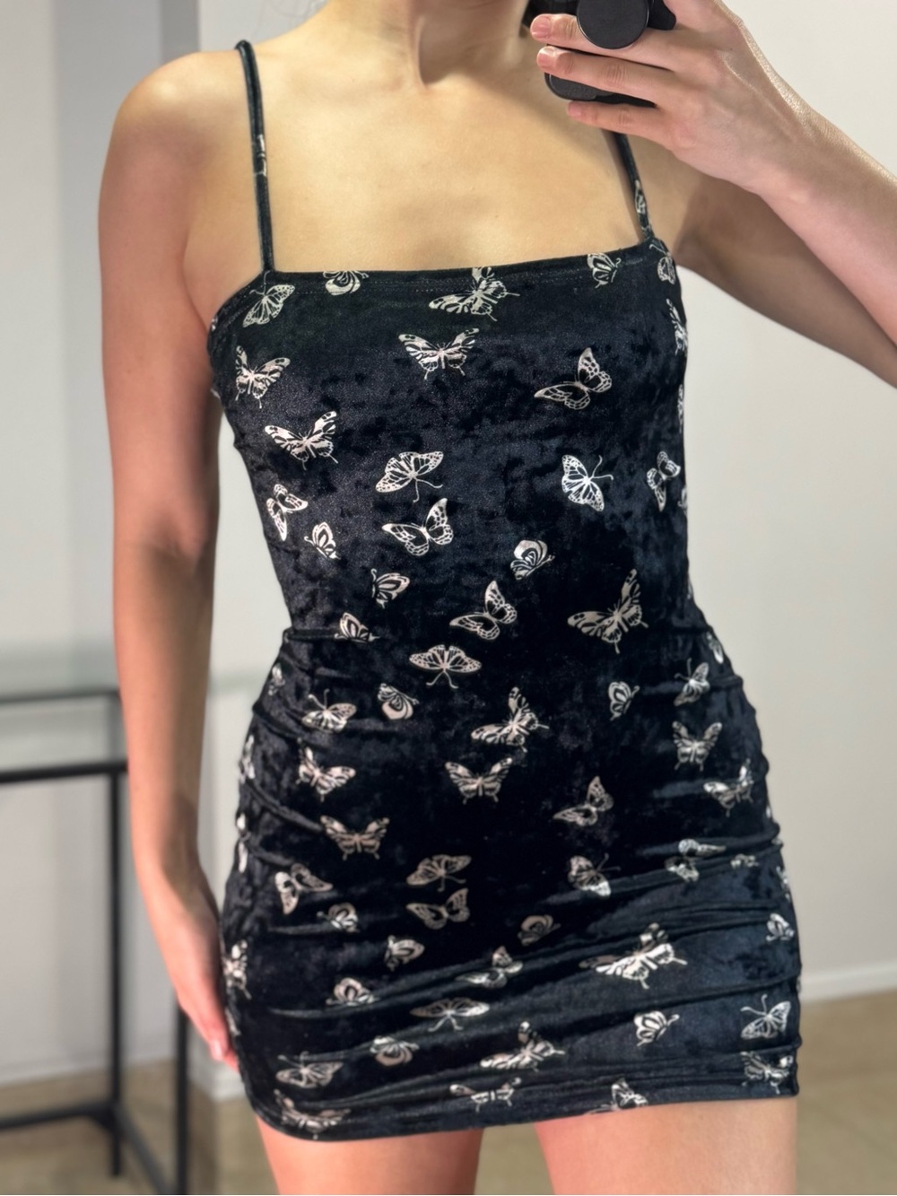 Black Butterfly Velvet Mini Dress - Strappy Bodycon